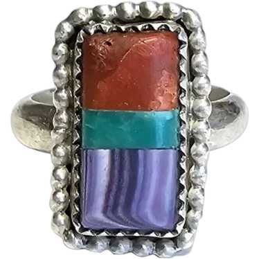 Women Turquoise Coral Charoite Ring Vintage Zuni … - image 1