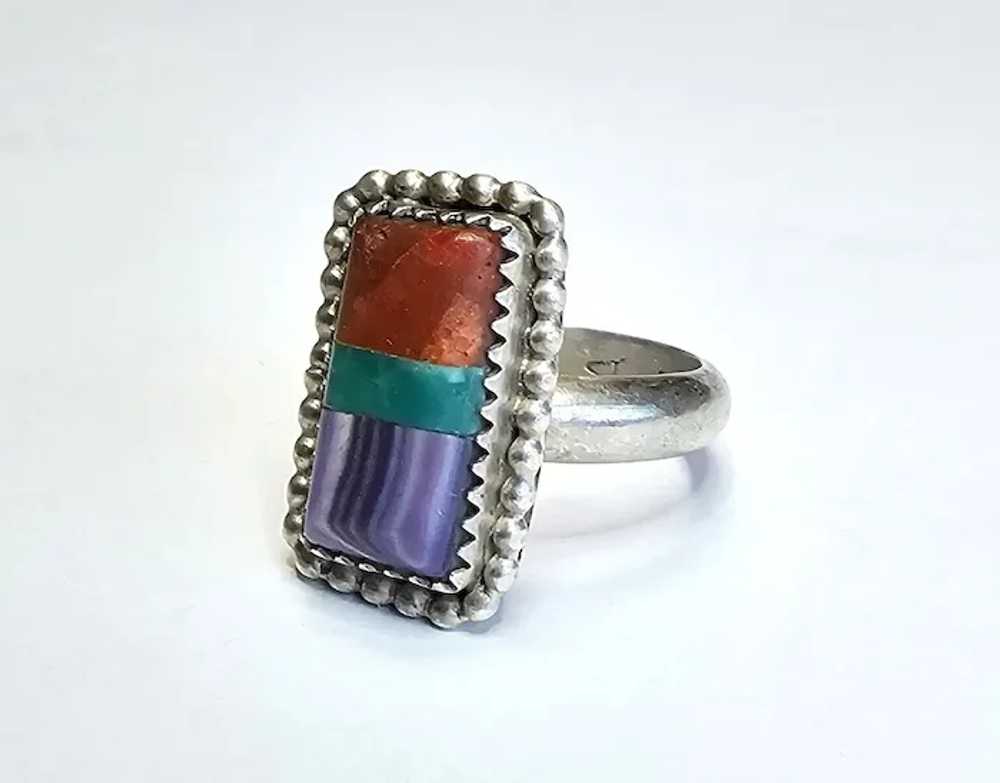 Women Turquoise Coral Charoite Ring Vintage Zuni … - image 2