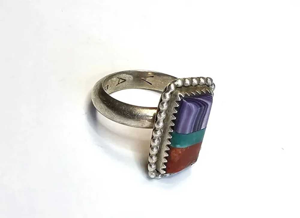 Women Turquoise Coral Charoite Ring Vintage Zuni … - image 3