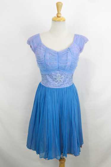 1950s Blue and Lilac Chiffon Party Dress, Sequinne