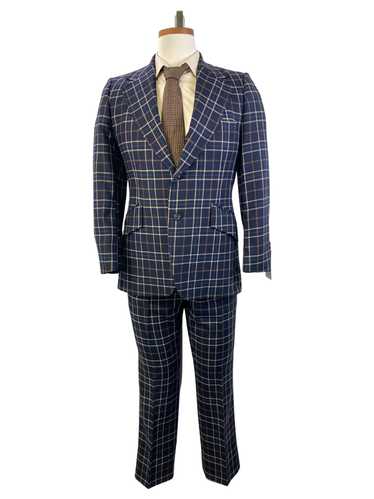 1970s Vintage Men's Suit, Navy/ Beige Plaid 3-Pie… - image 1