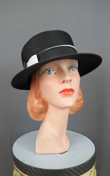 Vintage Black Straw Hat with Short Brim and White 