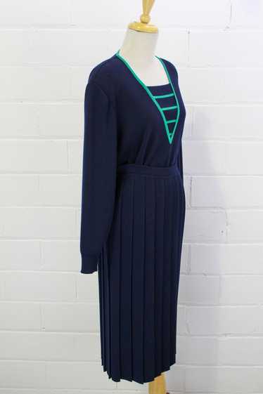 80s Vintage Celine Wool Knit Skirt Set, Navy Blue… - image 1