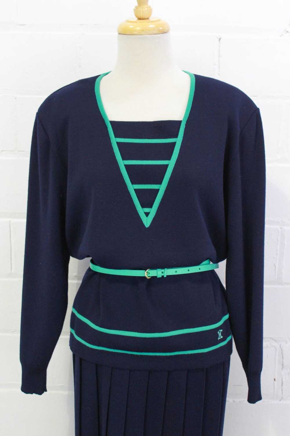 80s Vintage Celine Wool Knit Skirt Set, Navy Blue… - image 2