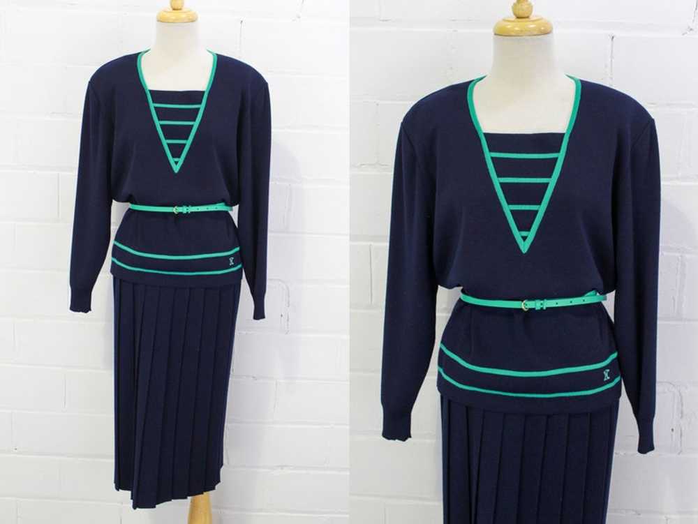 80s Vintage Celine Wool Knit Skirt Set, Navy Blue… - image 3