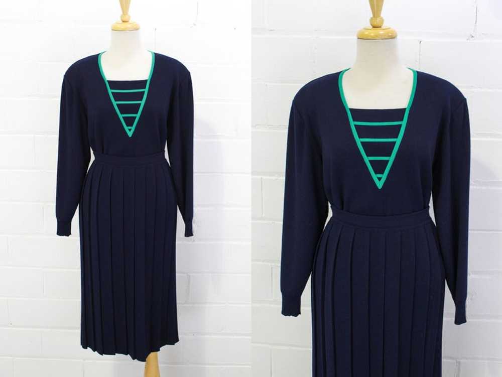 80s Vintage Celine Wool Knit Skirt Set, Navy Blue… - image 4