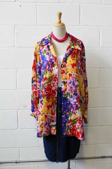 80s/90s Wayne Clark Silk Floral Print Shirt/Jacke… - image 1