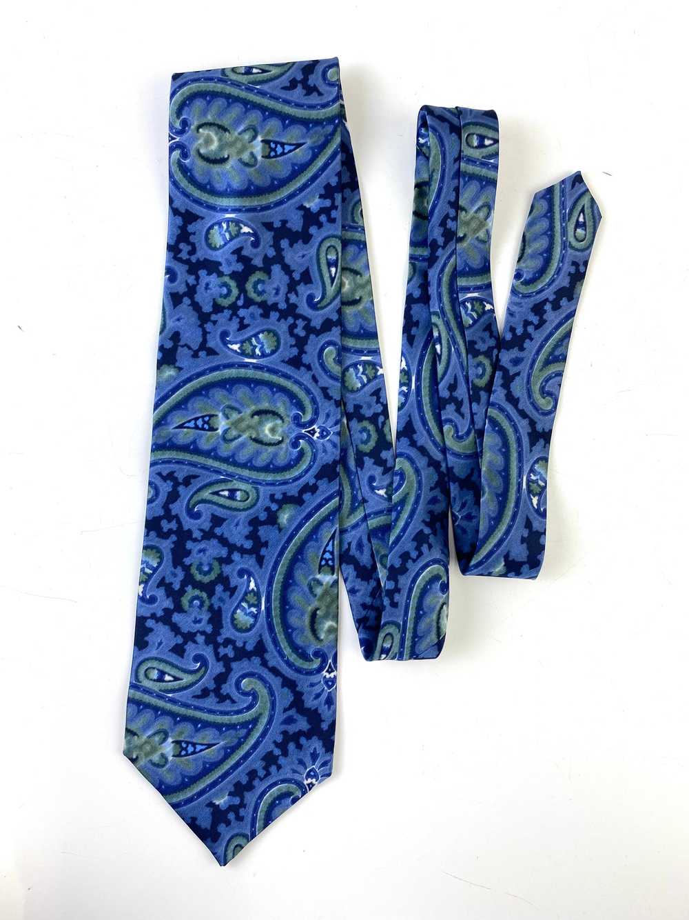 90s Deadstock Silk Necktie, Men's Vintage Blue Gr… - image 1