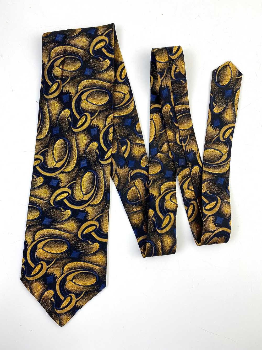90s Deadstock Silk Necktie, Men's Vintage Gold/Bl… - image 1