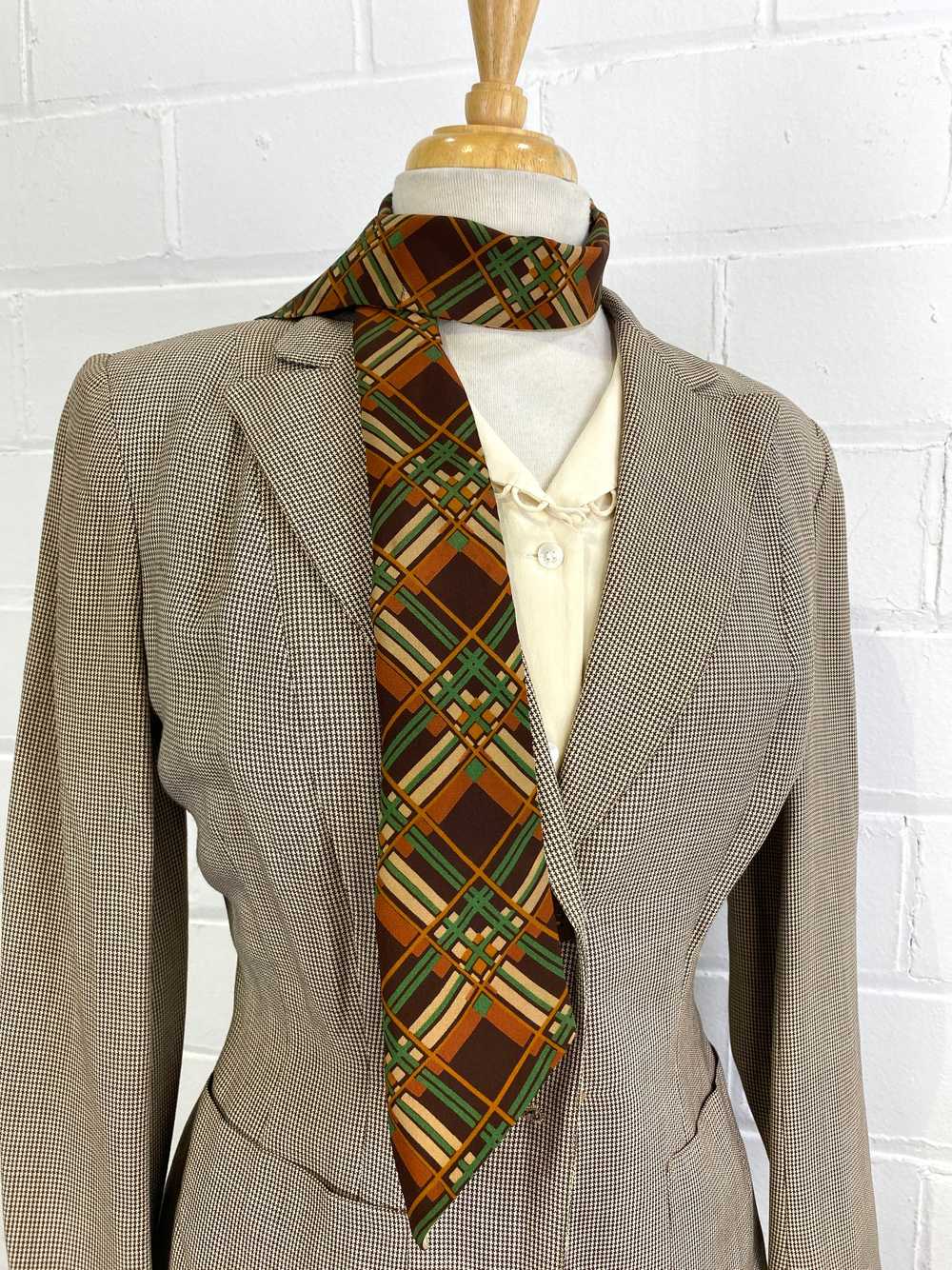 Vintage 1930s/ 40s Green & Brown Plaid Silk Scarf - image 3