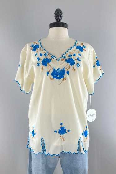 Vintage Blue Embroidered Mexican Blouse