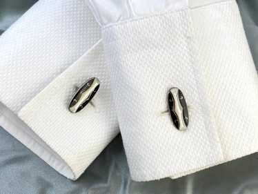 Antique Men's Silver Oval Cufflinks, Black & Whit… - image 1