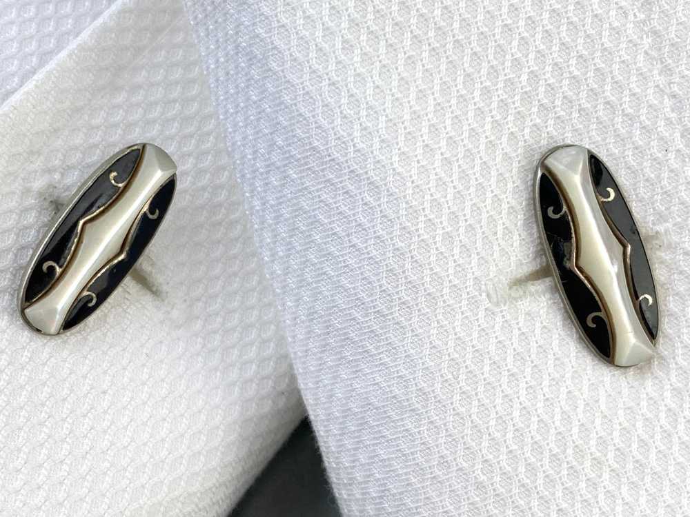 Antique Men's Silver Oval Cufflinks, Black & Whit… - image 3