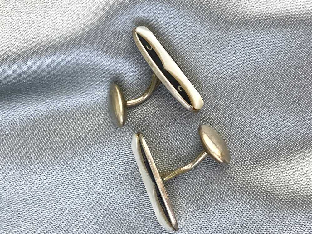 Antique Men's Silver Oval Cufflinks, Black & Whit… - image 4
