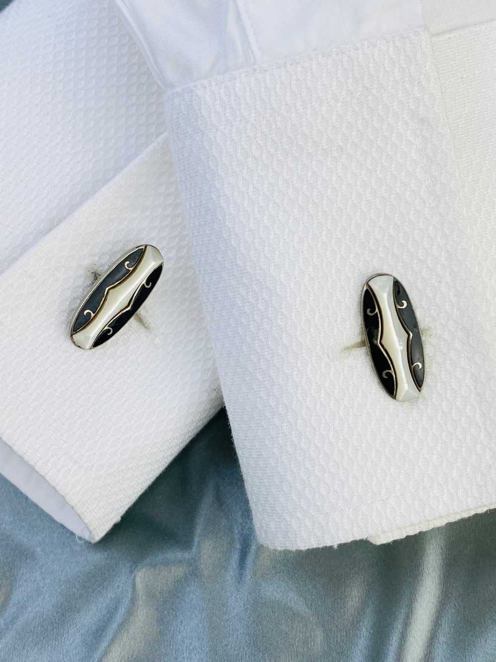 Antique Men's Silver Oval Cufflinks, Black & Whit… - image 5
