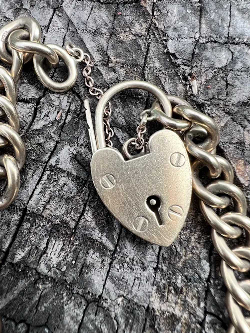 Vintage English 9k Rose Gold Curb Chain Heart Padlock Bracelet 7.7