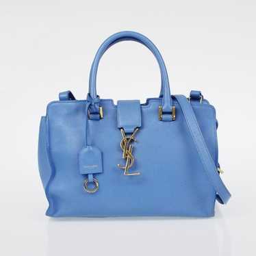Saint Laurent Navy Blue Calfskin Leather Small Monogram Cabas Bag