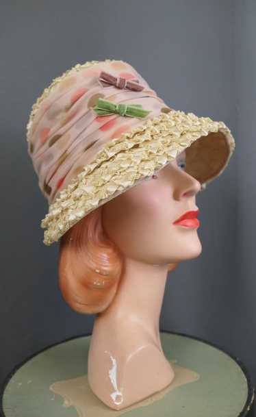 Vintage Ivory Straw Hat with Polka Dotted Scarf & 