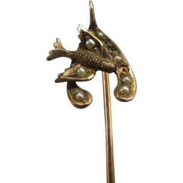 Antique 10K Wish Bone Bird Stick Pin Seed Pearl A… - image 1