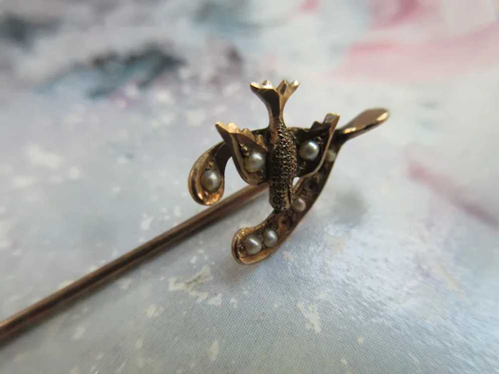 Antique 10K Wish Bone Bird Stick Pin Seed Pearl A… - image 2