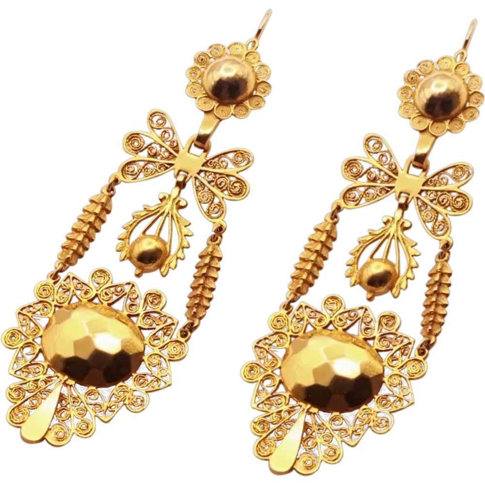 Antique Georgian Empire earrings Gold filigree Da… - image 1