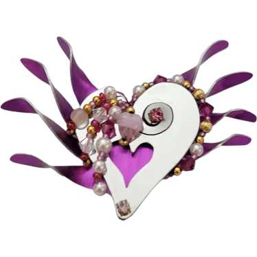 Liztech 1999 Heart Glass Bead Brooch Pin, Signed … - image 1