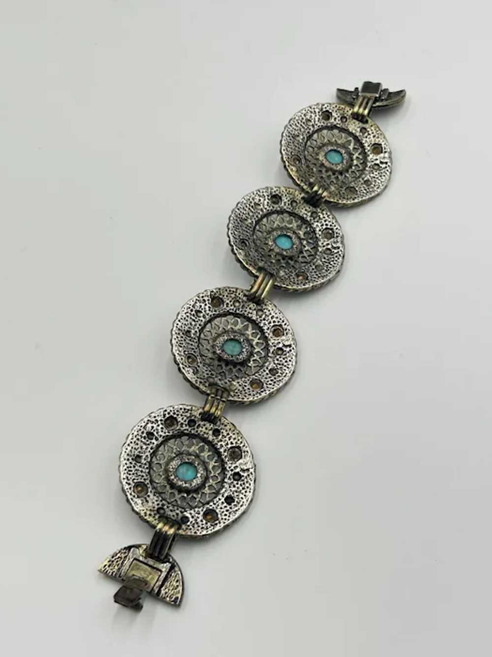 Vintage Wide Panel Bracelet Ornate Round Links Bl… - image 4