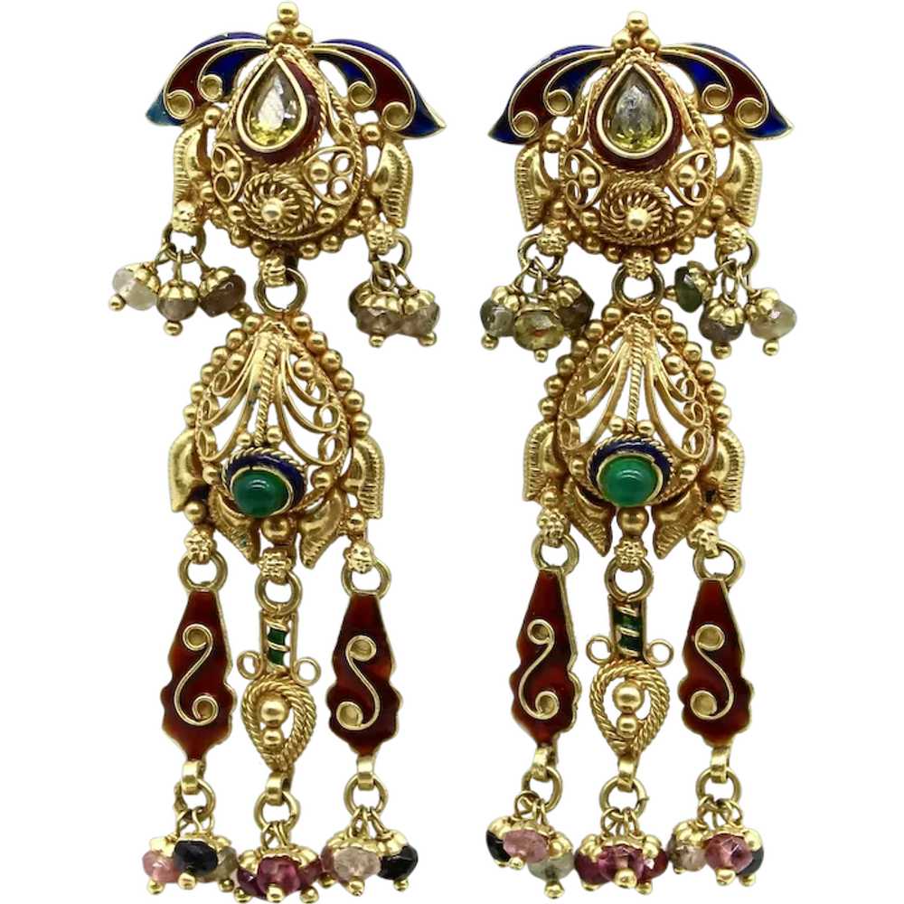 Vintage 22K Gold Indian Chandelier Earrings with … - image 1