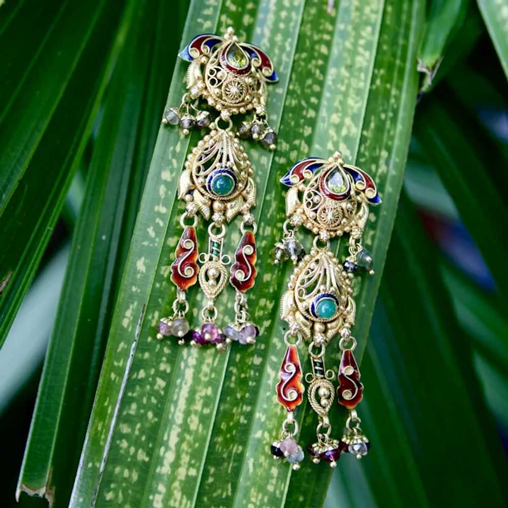 Vintage 22K Gold Indian Chandelier Earrings with … - image 2