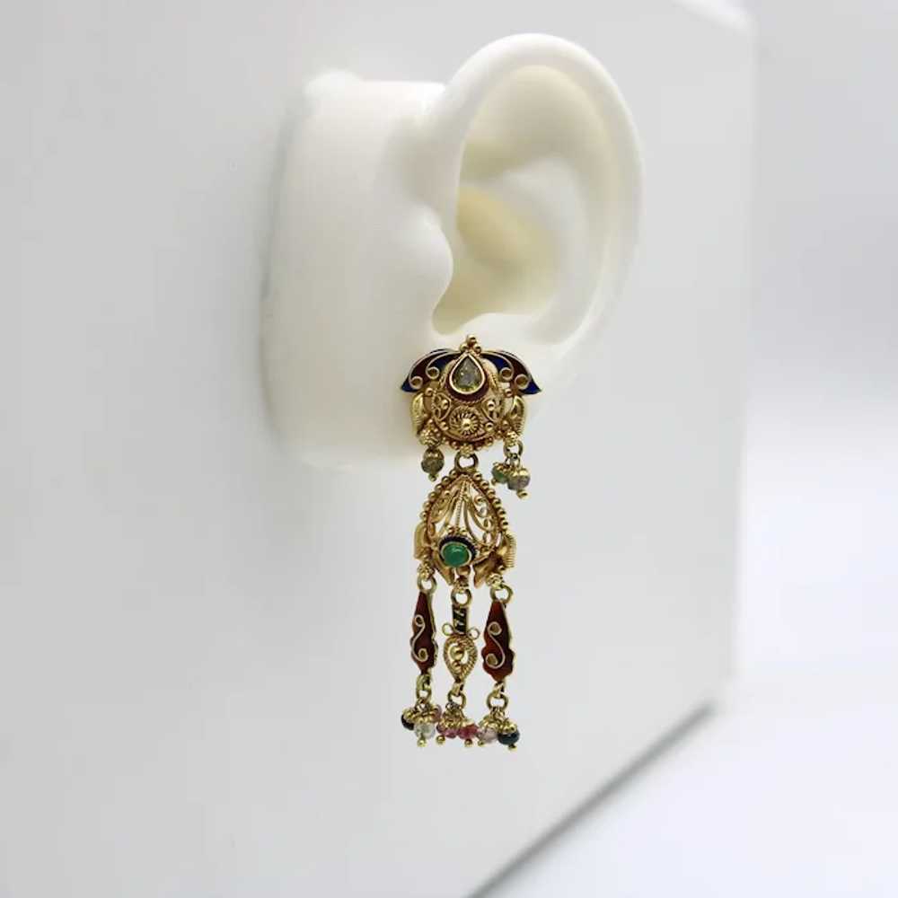 Vintage 22K Gold Indian Chandelier Earrings with … - image 7