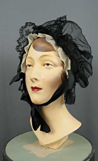 Antique Victorian Black Lace Bonnet, 1800s Silk H… - image 1