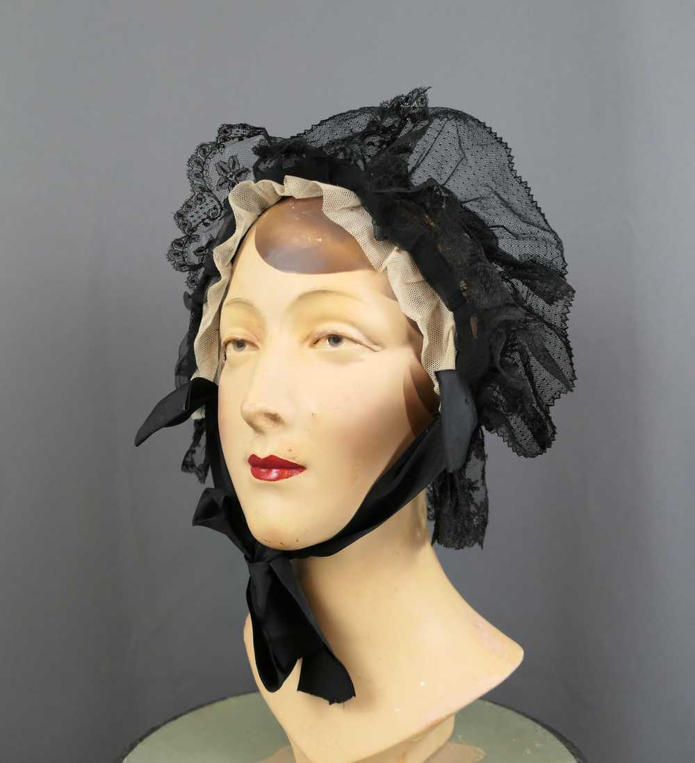 Antique Victorian Black Lace Bonnet, 1800s Silk H… - image 2