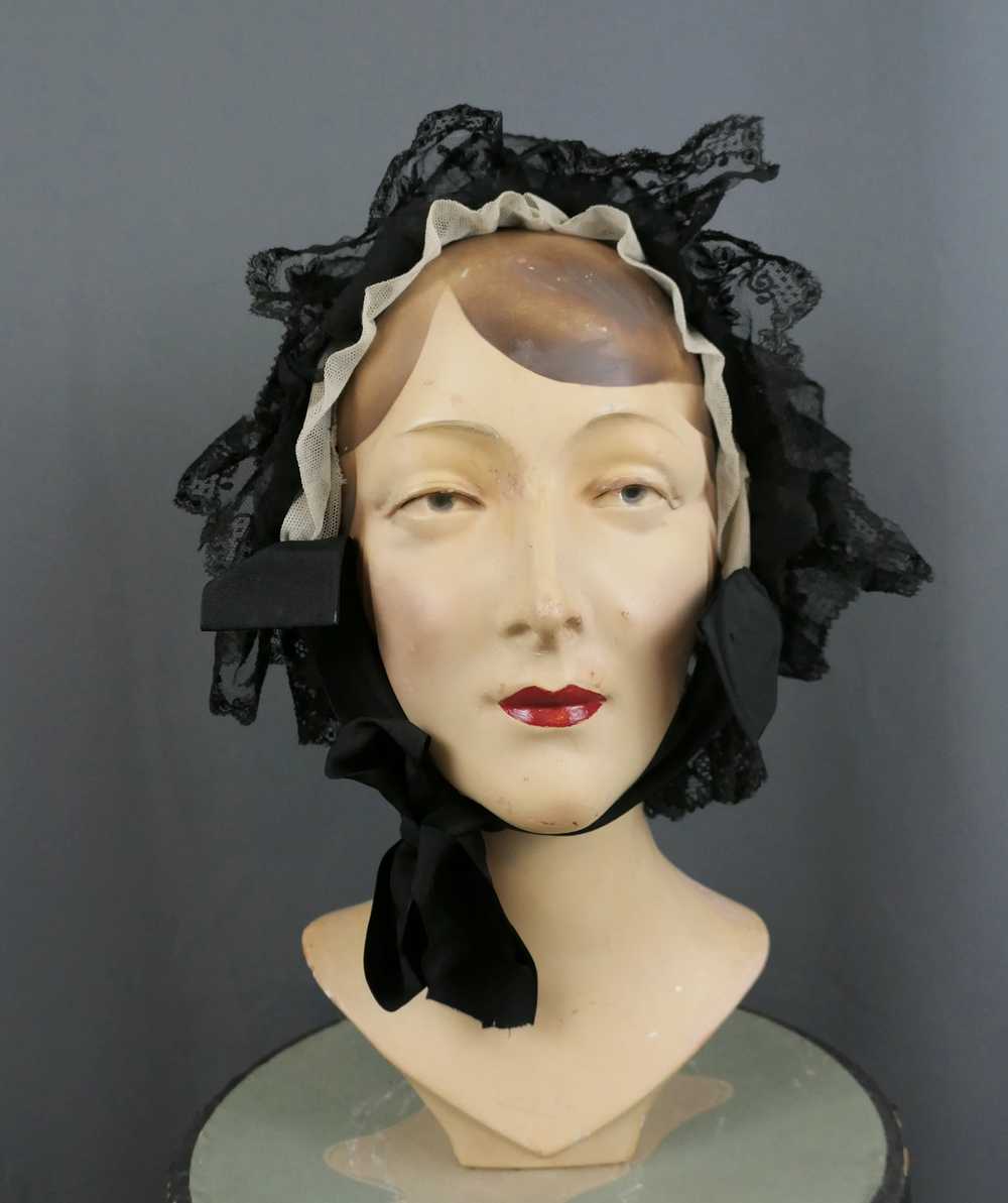 Antique Victorian Black Lace Bonnet, 1800s Silk H… - image 3