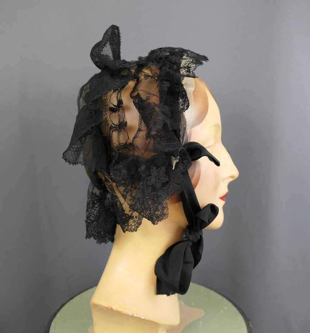 Antique Victorian Black Lace Bonnet, 1800s Silk H… - image 4