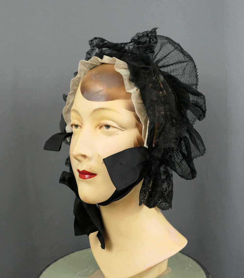 Antique Victorian Black Lace Bonnet, 1800s Silk H… - image 5