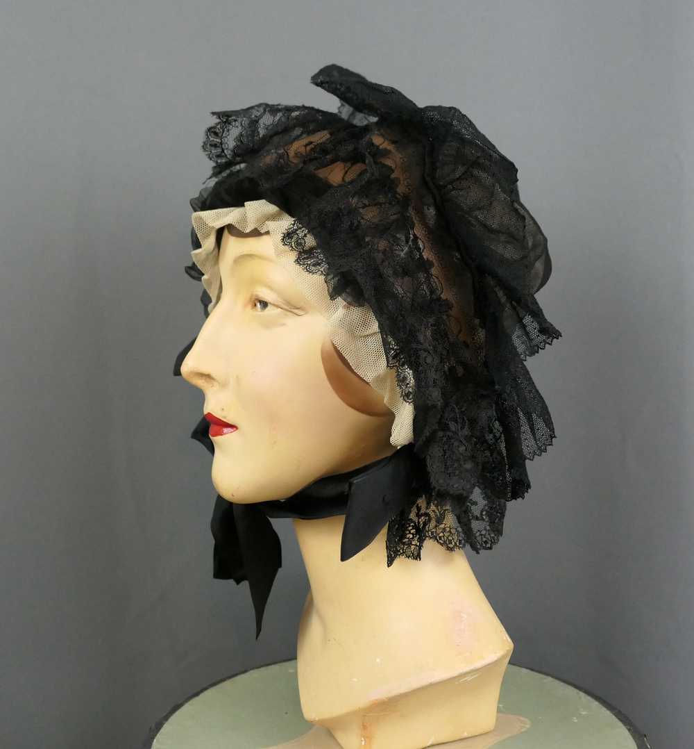 Antique Victorian Black Lace Bonnet, 1800s Silk H… - image 6
