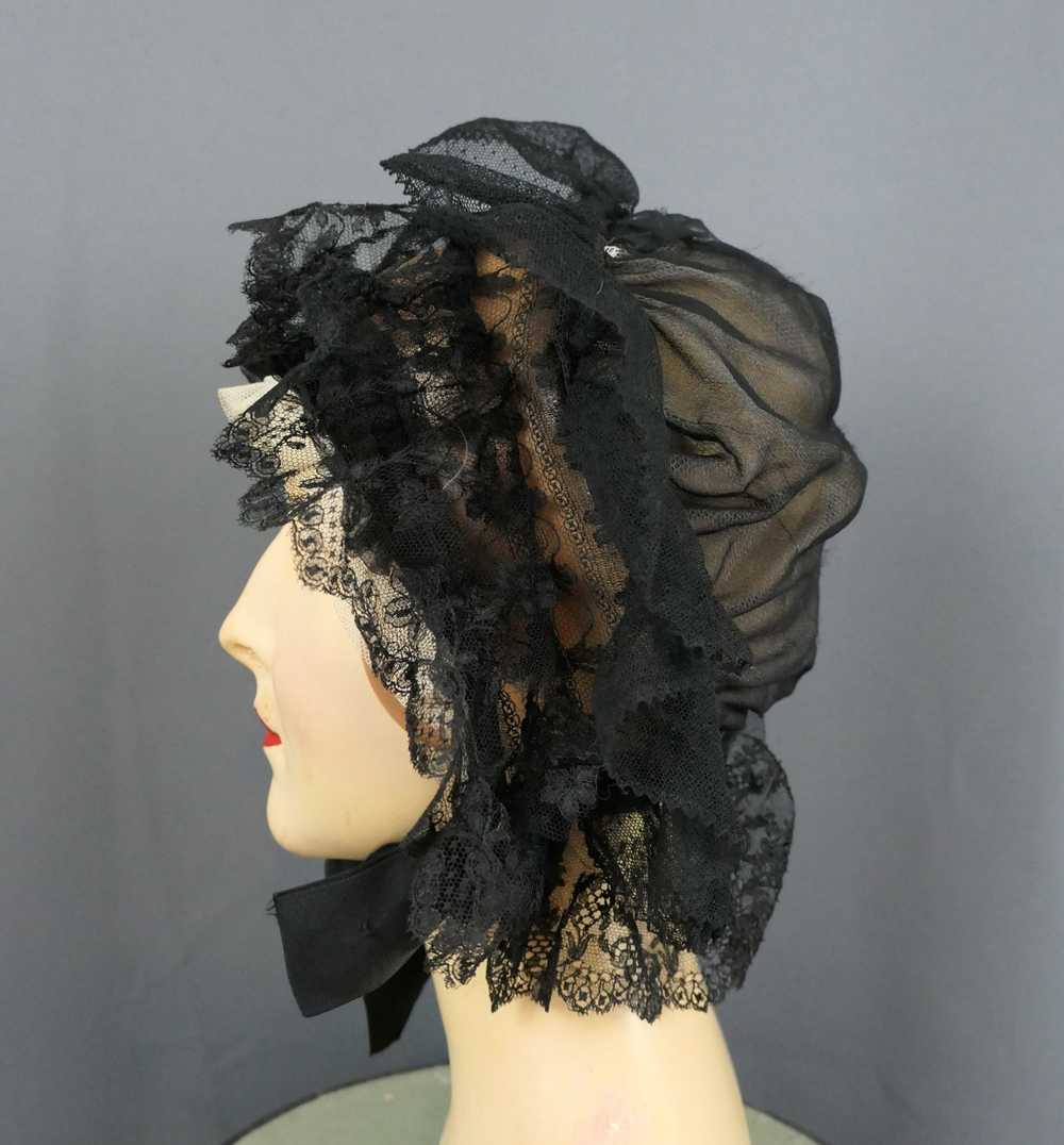 Antique Victorian Black Lace Bonnet, 1800s Silk H… - image 7