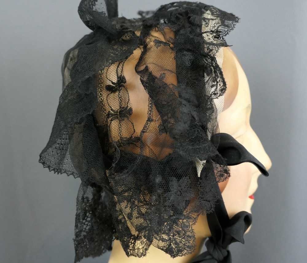 Antique Victorian Black Lace Bonnet, 1800s Silk H… - image 9