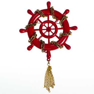 Vintage Red Captain's Wheel Brooch With Gold Tass… - image 1