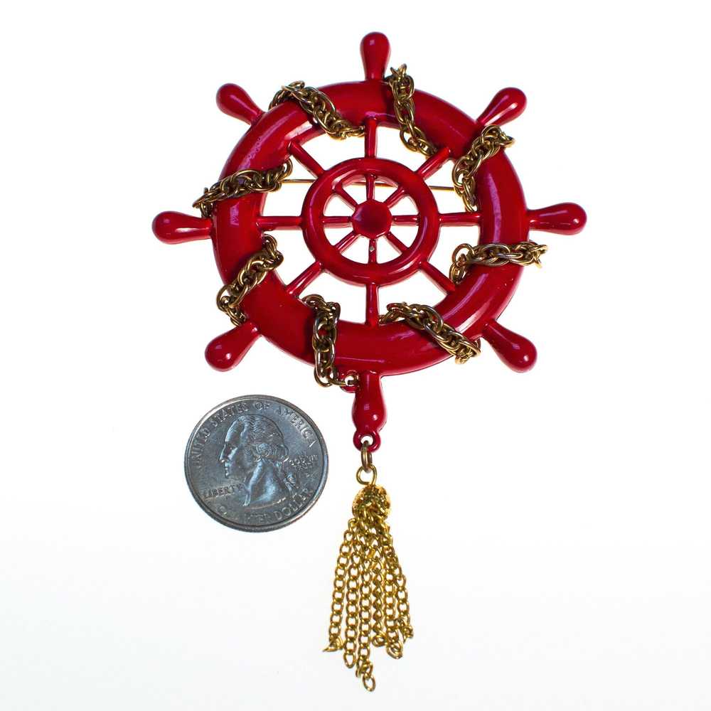 Vintage Red Captain's Wheel Brooch With Gold Tass… - image 2
