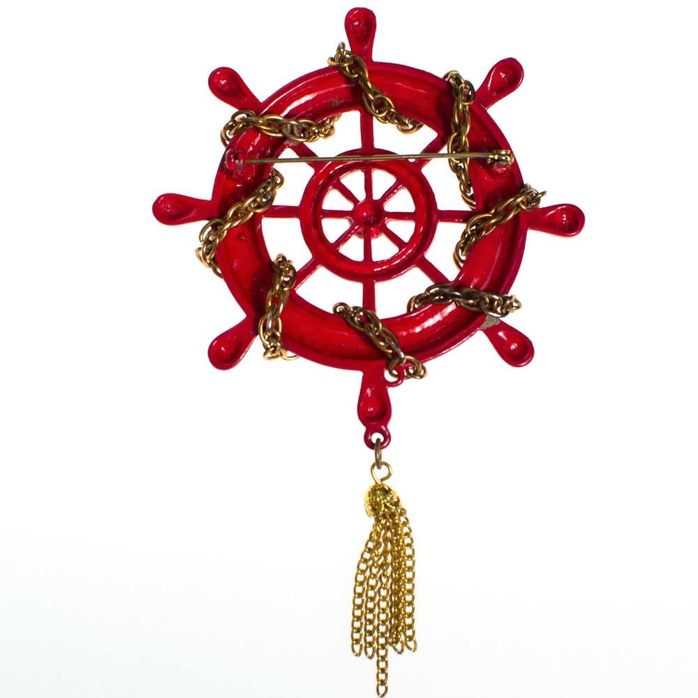 Vintage Red Captain's Wheel Brooch With Gold Tass… - image 3