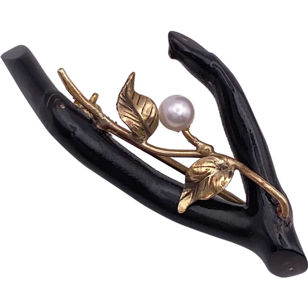 Black Coral Branch 14K Gold and Cultured Pearl Br… - image 1