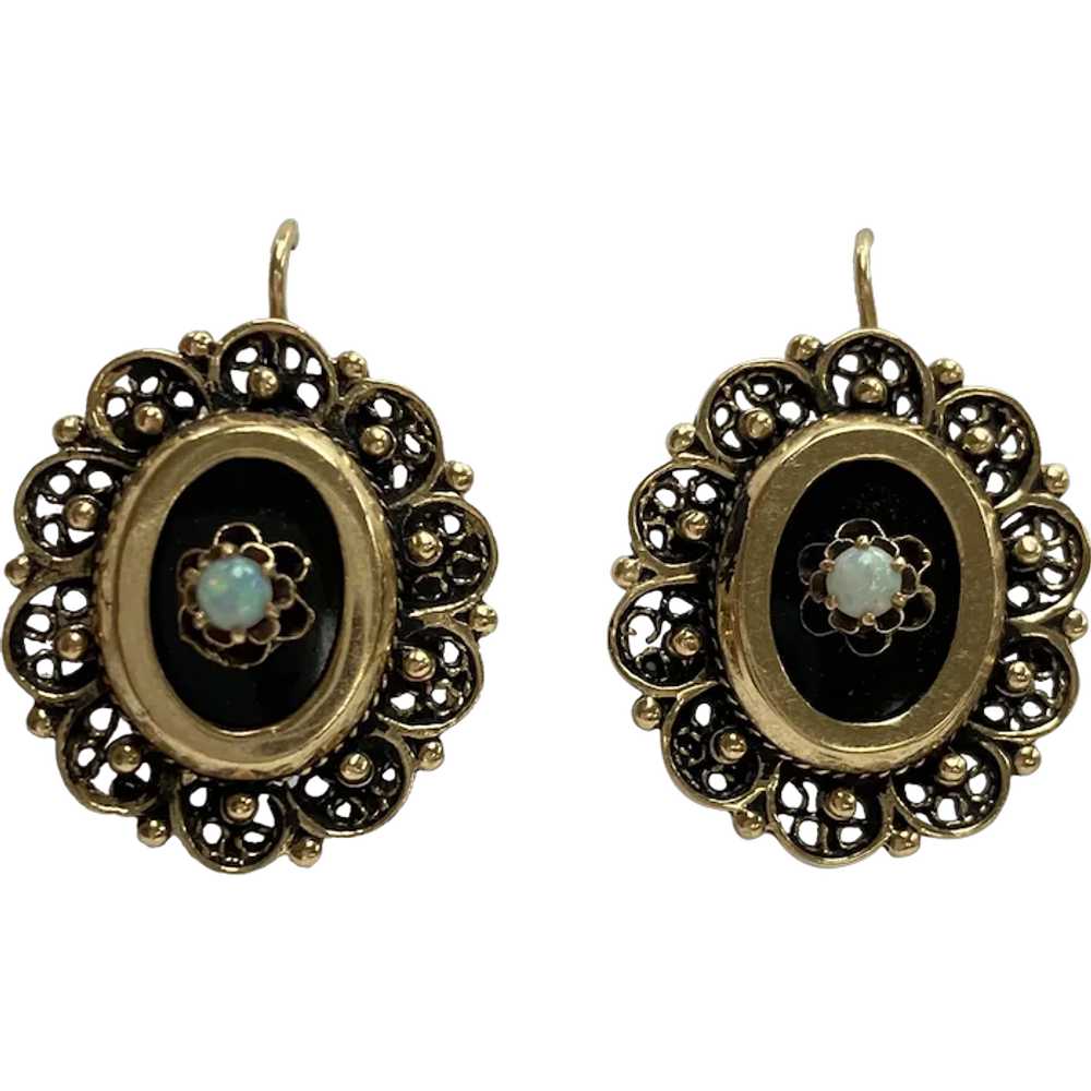Victorian Revival Drop Earrings 14K Gold, Onyx an… - image 1