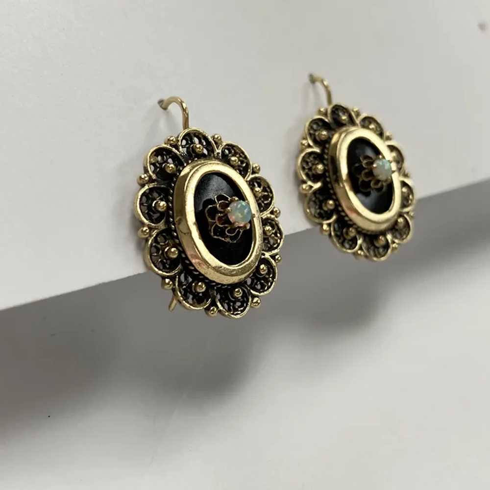 Victorian Revival Drop Earrings 14K Gold, Onyx an… - image 2