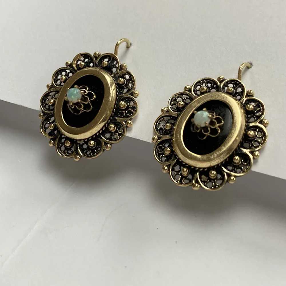 Victorian Revival Drop Earrings 14K Gold, Onyx an… - image 3