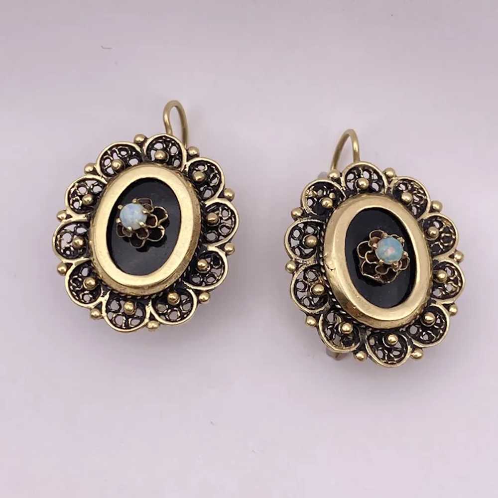 Victorian Revival Drop Earrings 14K Gold, Onyx an… - image 5