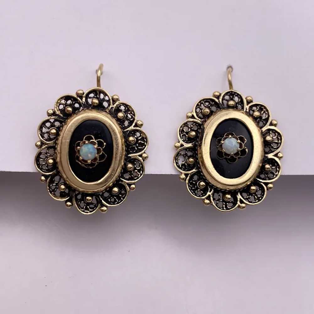 Victorian Revival Drop Earrings 14K Gold, Onyx an… - image 6