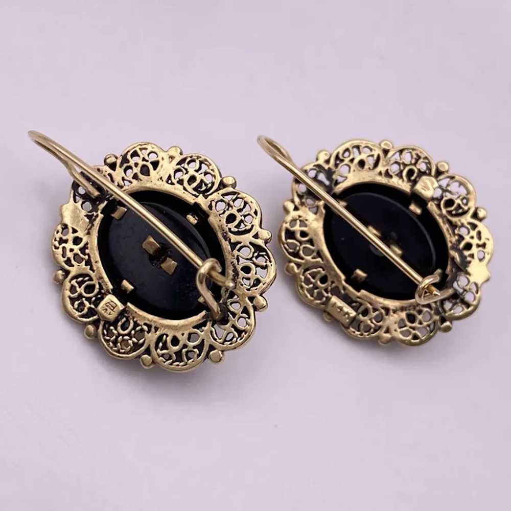Victorian Revival Drop Earrings 14K Gold, Onyx an… - image 7