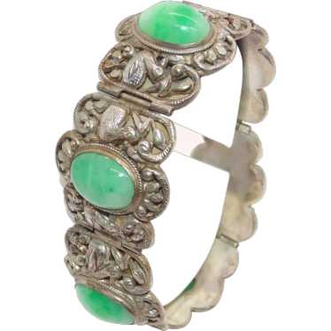 Vintage Ornate Green White Jade Bracelet in Sterl… - image 1