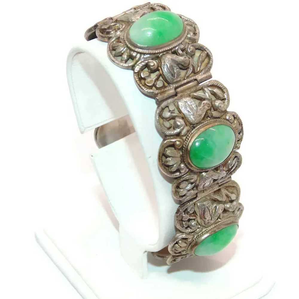 Vintage Ornate Green White Jade Bracelet in Sterl… - image 2